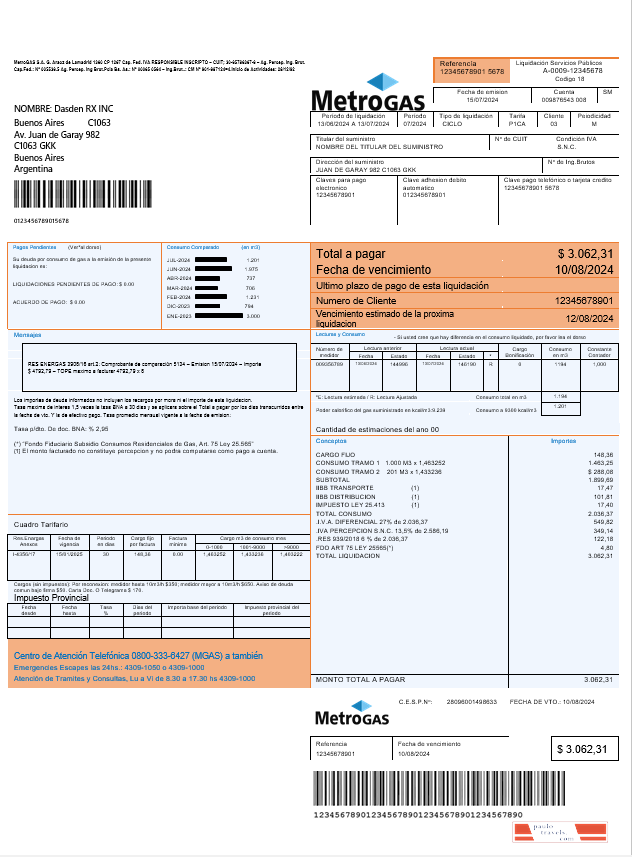 Argentina Metrogas easy to fill business utility bill template in Word and PDF format